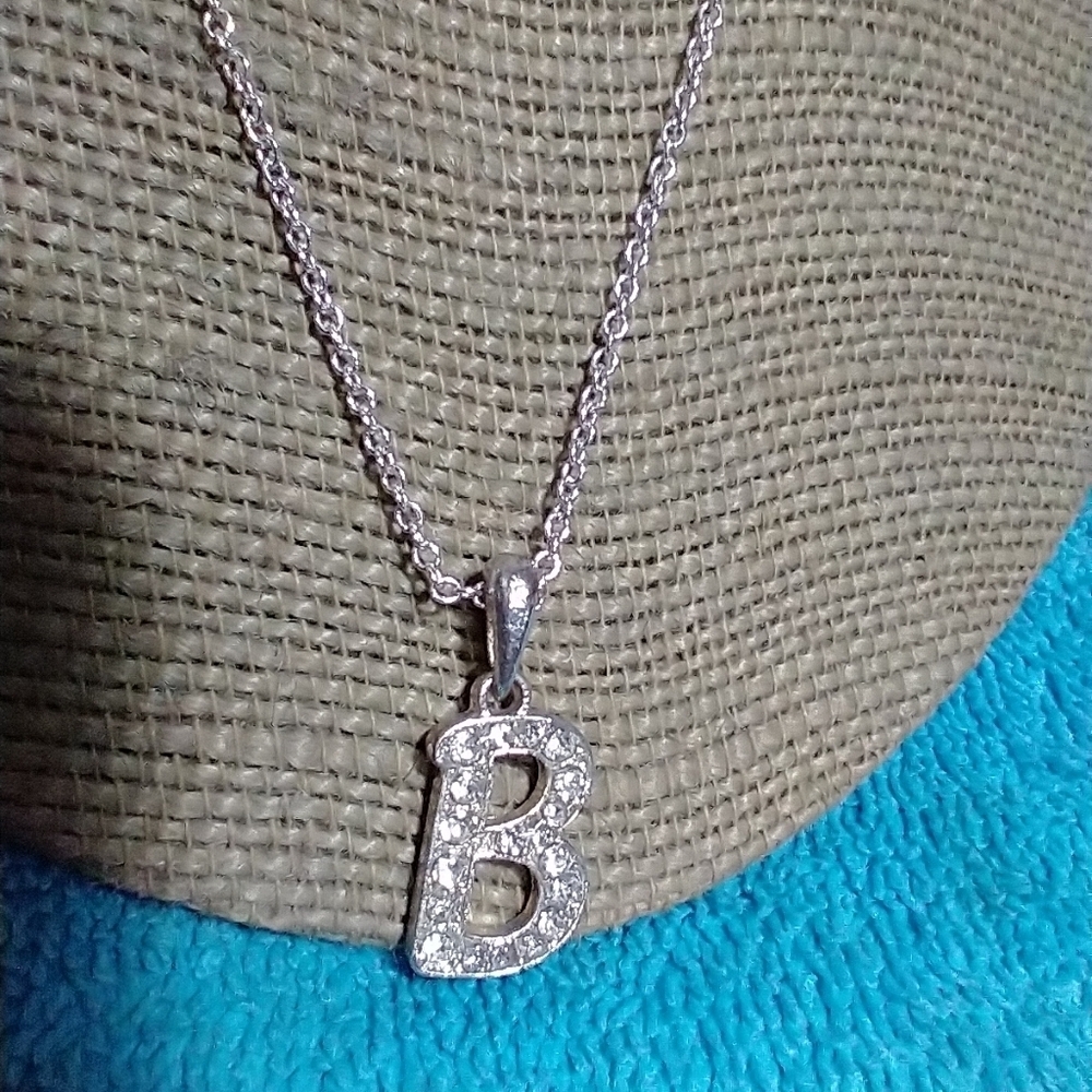 Silvertone Initial 'B' Pendant Crystal Necklace vintage